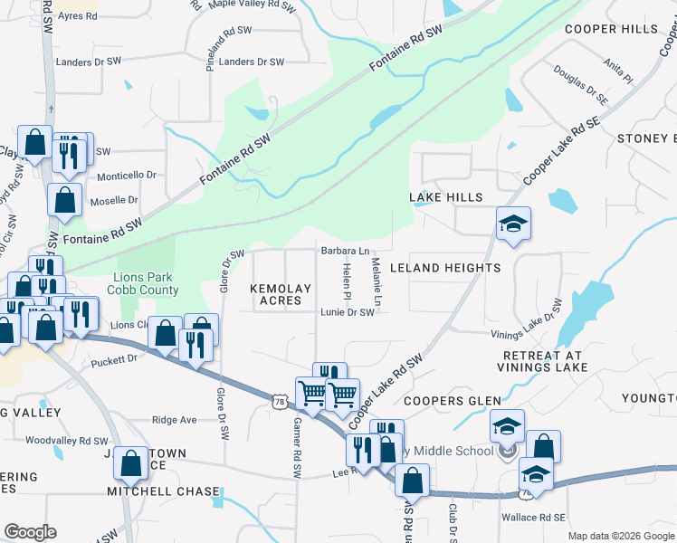 map of restaurants, bars, coffee shops, grocery stores, and more near 5460 Helen Place in Mableton