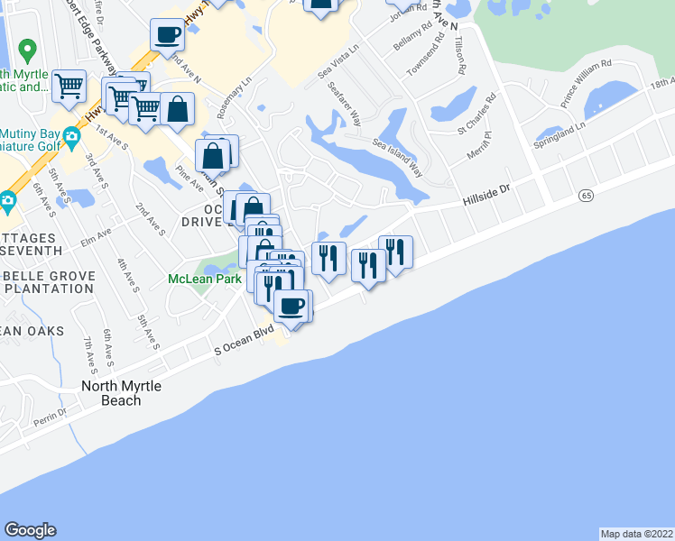 map of restaurants, bars, coffee shops, grocery stores, and more near 251 North Ocean Boulevard in North Myrtle Beach