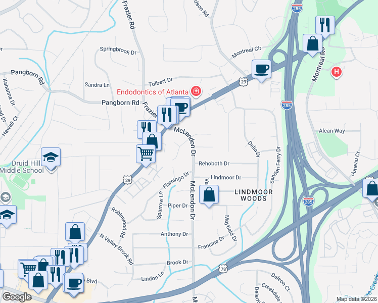 map of restaurants, bars, coffee shops, grocery stores, and more near 1402 McLendon Drive in Decatur