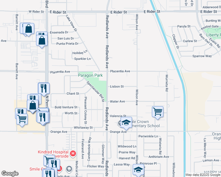 map of restaurants, bars, coffee shops, grocery stores, and more near 421 Lisbon Street in Perris