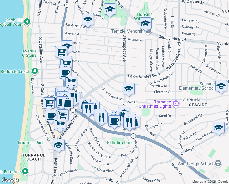 map of restaurants, bars, coffee shops, grocery stores, and more near 2 South Helberta Avenue in Redondo Beach