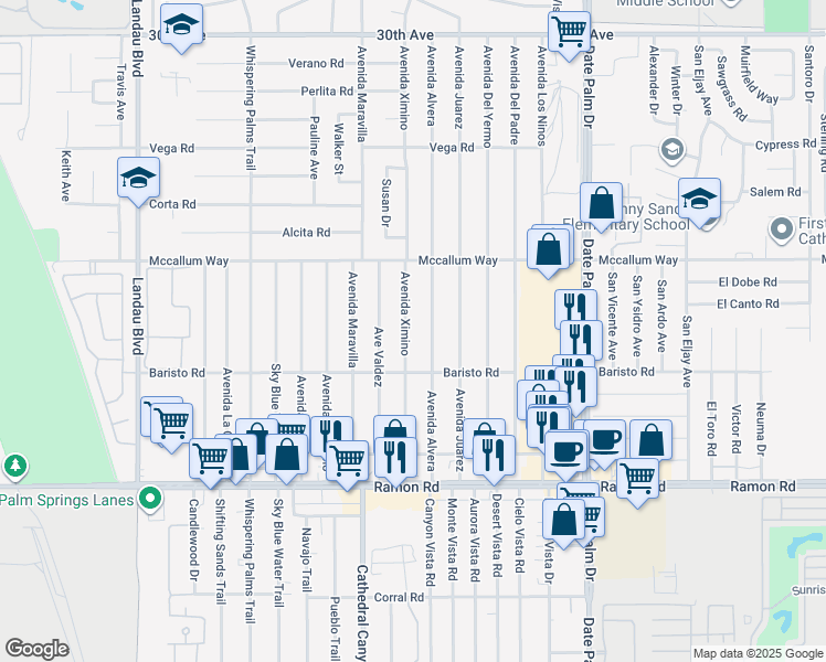 map of restaurants, bars, coffee shops, grocery stores, and more near 31320 Avenida Ximino in Cathedral City