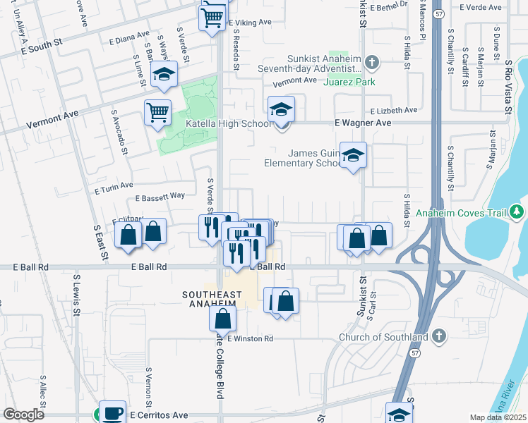 map of restaurants, bars, coffee shops, grocery stores, and more near 1137 South Groveland Place in Anaheim
