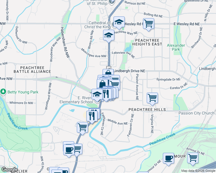 map of restaurants, bars, coffee shops, grocery stores, and more near 2365 Peachtree Road in Atlanta