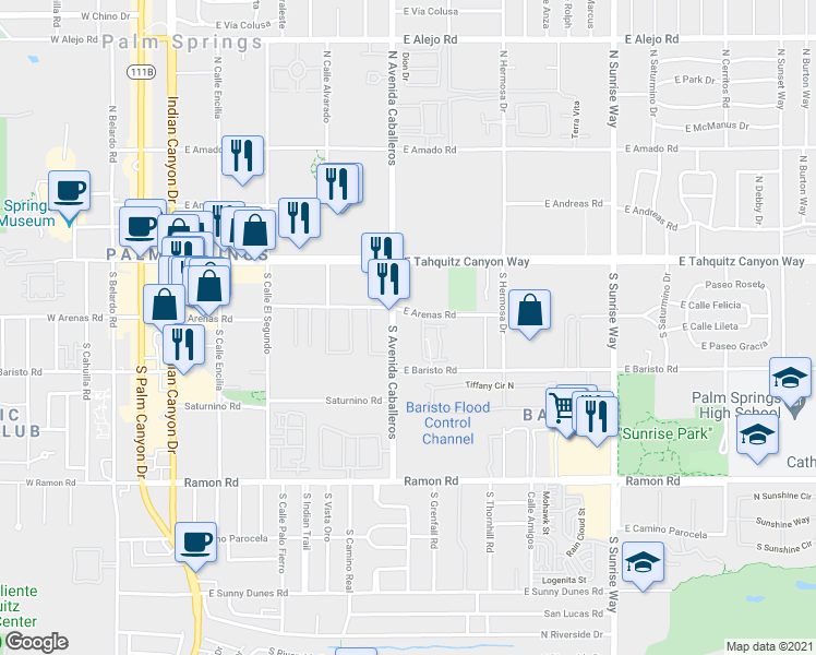 map of restaurants, bars, coffee shops, grocery stores, and more near 280 South Avenida Caballeros in Palm Springs