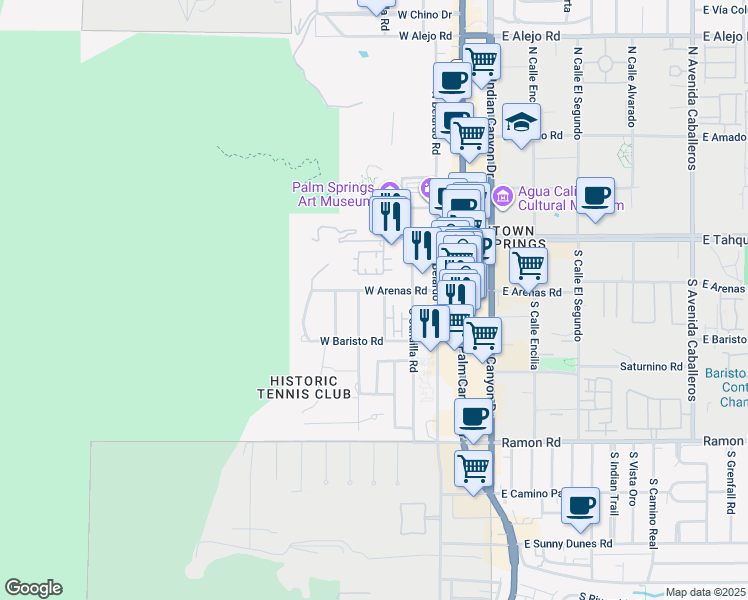 map of restaurants, bars, coffee shops, grocery stores, and more near 226 South Lugo Road in Palm Springs