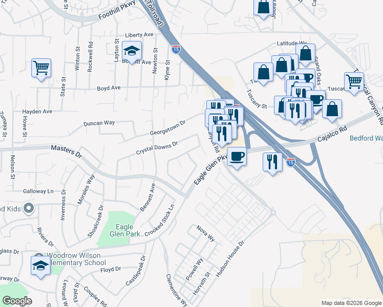 map of restaurants, bars, coffee shops, grocery stores, and more near 3920 Pine Valley Way in Corona