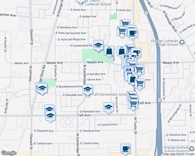 map of restaurants, bars, coffee shops, grocery stores, and more near 1138 Grove Avenue in Orange