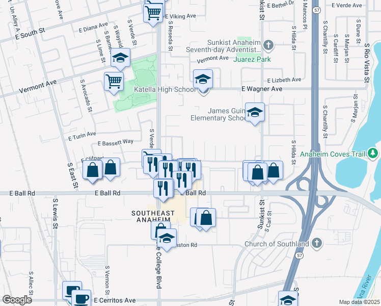 map of restaurants, bars, coffee shops, grocery stores, and more near 1137 South Groveland Place in Anaheim