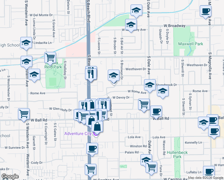 map of restaurants, bars, coffee shops, grocery stores, and more near 2916 West Rome Avenue in Anaheim