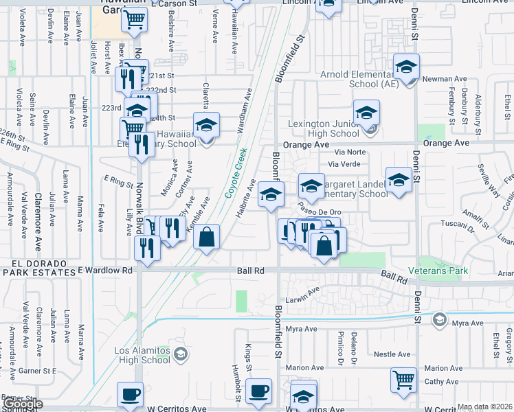 map of restaurants, bars, coffee shops, grocery stores, and more near 8320 East Littlefield Street in Long Beach