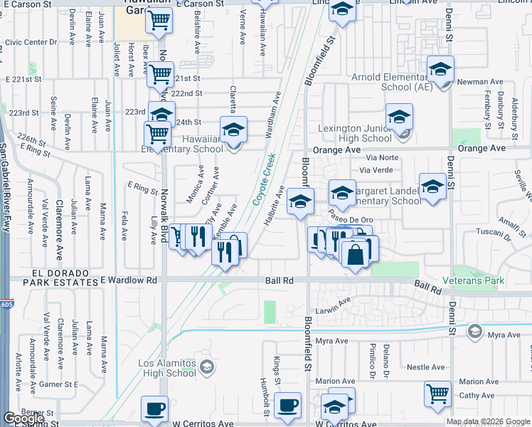 map of restaurants, bars, coffee shops, grocery stores, and more near 8320 East Littlefield Street in Long Beach