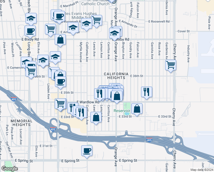 map of restaurants, bars, coffee shops, grocery stores, and more near 3511 Cerritos Avenue in Long Beach