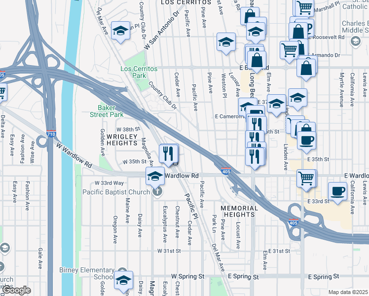 map of restaurants, bars, coffee shops, grocery stores, and more near 3501 Cedar Avenue in Long Beach