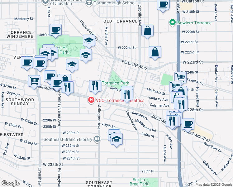 map of restaurants, bars, coffee shops, grocery stores, and more near 2727 Andreo Avenue in Torrance