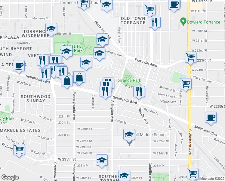 map of restaurants, bars, coffee shops, grocery stores, and more near 2205 Sepulveda Boulevard in Torrance