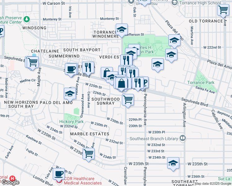 map of restaurants, bars, coffee shops, grocery stores, and more near 2520 West 225th Place in Torrance