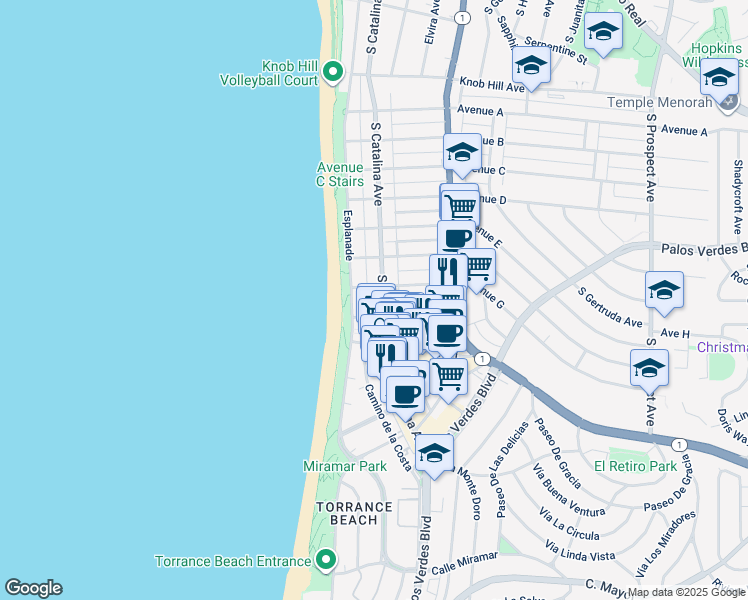 map of restaurants, bars, coffee shops, grocery stores, and more near 1516 Esplanade in Redondo Beach