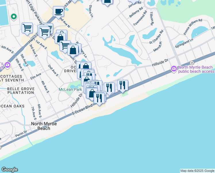 map of restaurants, bars, coffee shops, grocery stores, and more near 213 2nd Avenue North in North Myrtle Beach