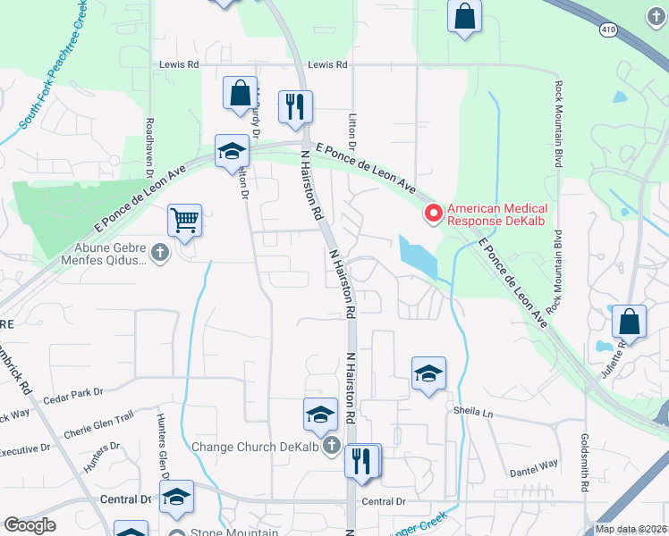 map of restaurants, bars, coffee shops, grocery stores, and more near 4706 Clarion Pass in Stone Mountain