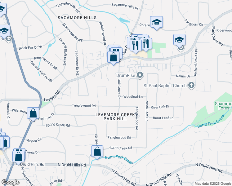 map of restaurants, bars, coffee shops, grocery stores, and more near 1366 Oak Grove Drive in Decatur