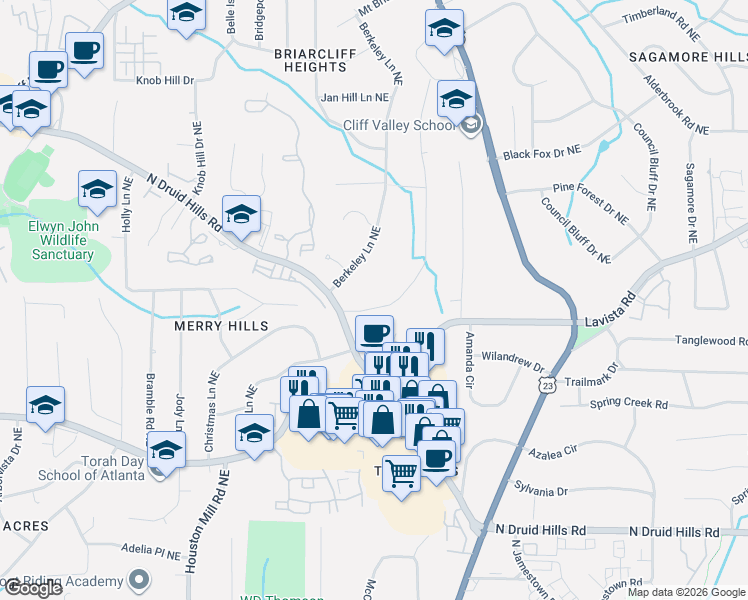 map of restaurants, bars, coffee shops, grocery stores, and more near 1371 Fama Drive Northeast in Atlanta