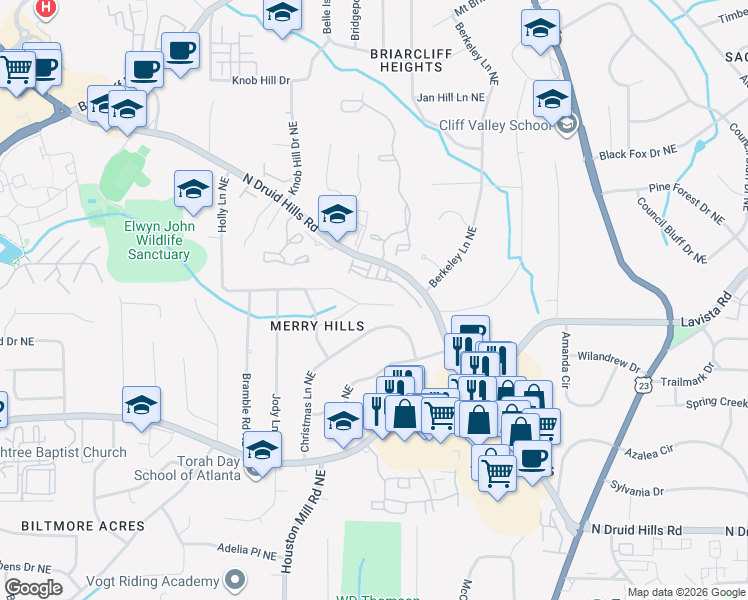 map of restaurants, bars, coffee shops, grocery stores, and more near 1780 North Holly Lane Northeast in Atlanta