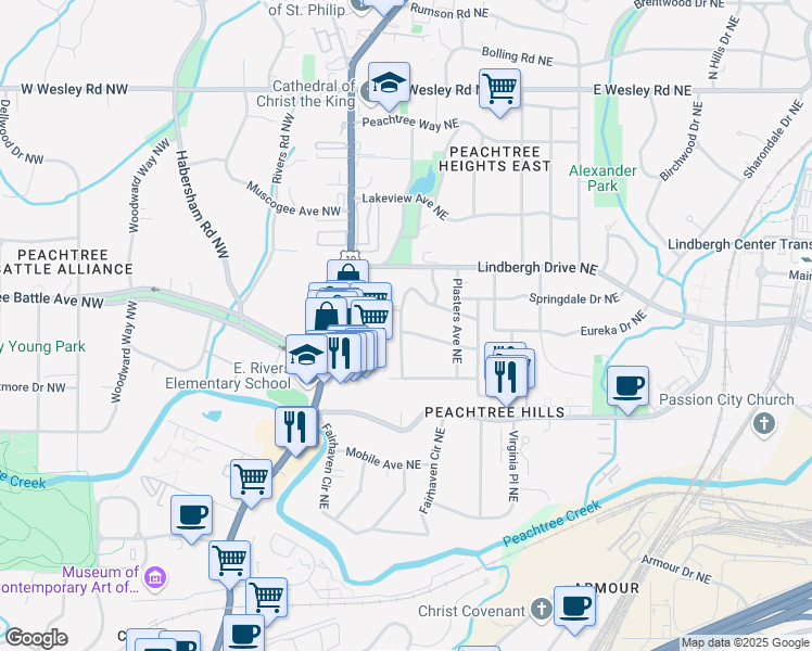 map of restaurants, bars, coffee shops, grocery stores, and more near 2398 Glenwood Drive Northeast in Atlanta