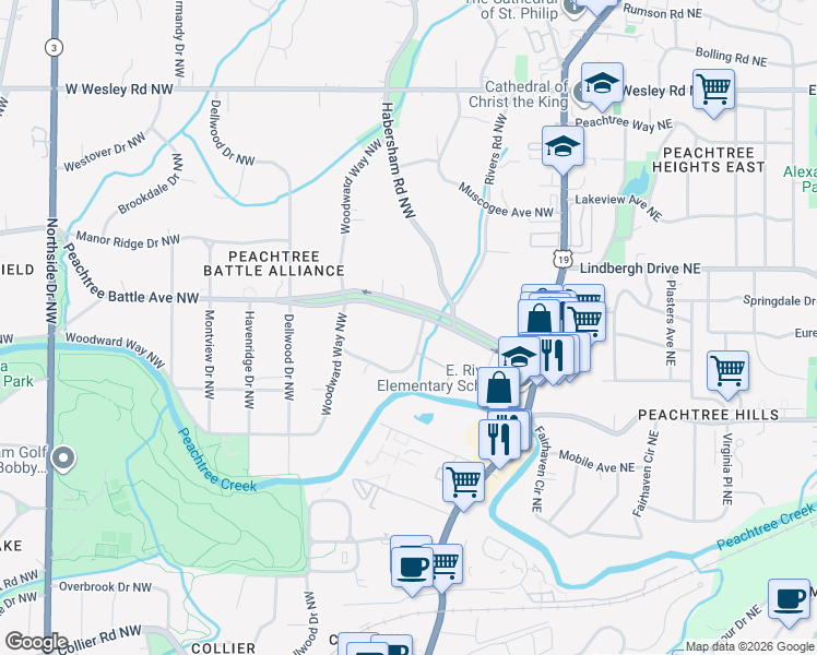 map of restaurants, bars, coffee shops, grocery stores, and more near 174 Peachtree Battle Avenue Northwest in Atlanta