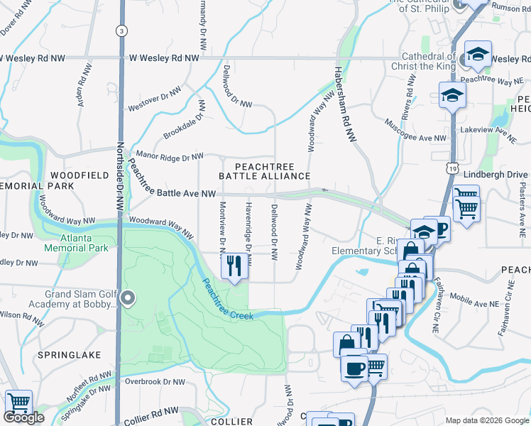 map of restaurants, bars, coffee shops, grocery stores, and more near 2401 Haven Ridge Drive Northwest in Atlanta