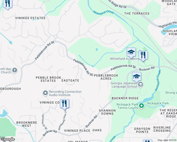 map of restaurants, bars, coffee shops, grocery stores, and more near 1215 Pebblebrook Road Southeast in Mableton