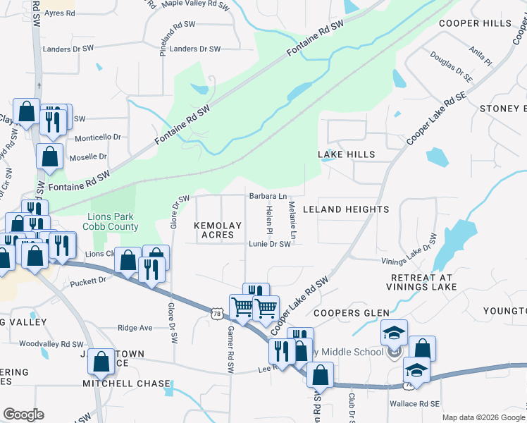 map of restaurants, bars, coffee shops, grocery stores, and more near 5460 Helen Place in Mableton