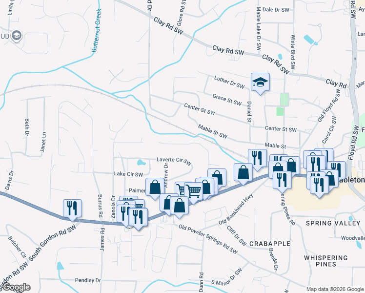 map of restaurants, bars, coffee shops, grocery stores, and more near 1260 Vonda Lane Southwest in Mableton