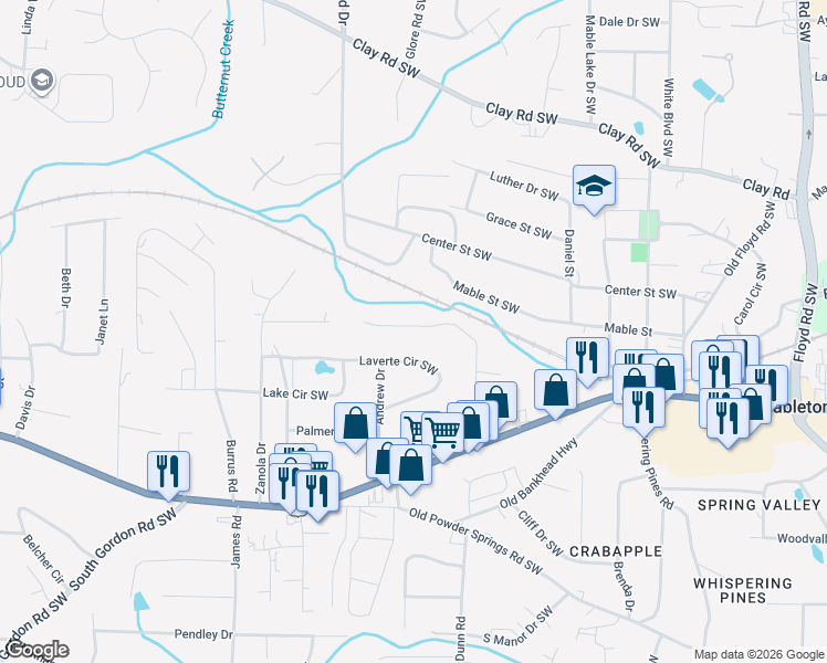 map of restaurants, bars, coffee shops, grocery stores, and more near 1270 Vonda Lane Southwest in Mableton