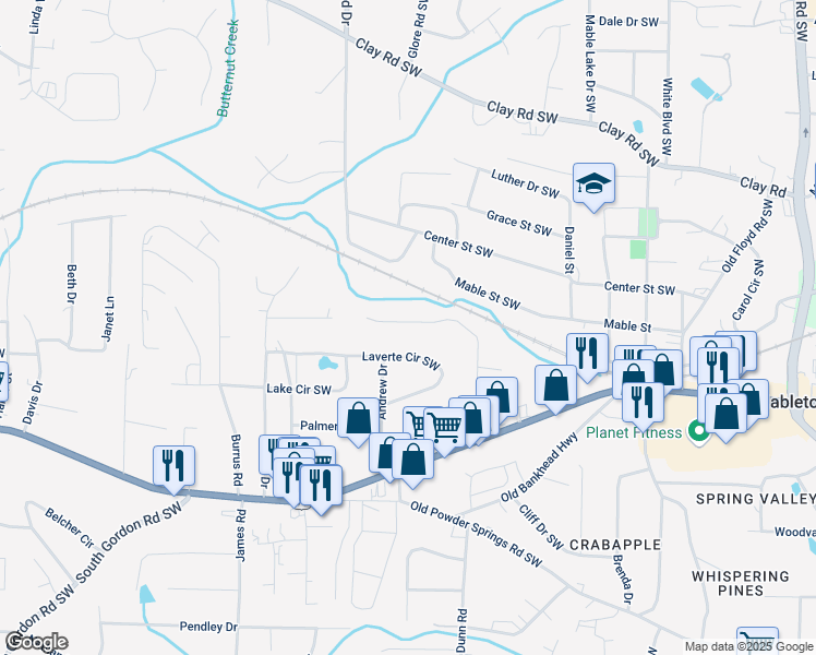 map of restaurants, bars, coffee shops, grocery stores, and more near 1280 Vonda Lane Southwest in Mableton