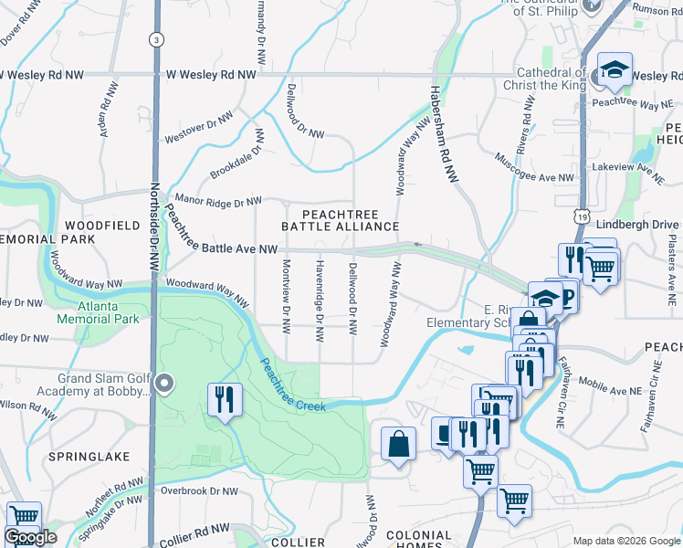 map of restaurants, bars, coffee shops, grocery stores, and more near 2401 Haven Ridge Drive Northwest in Atlanta