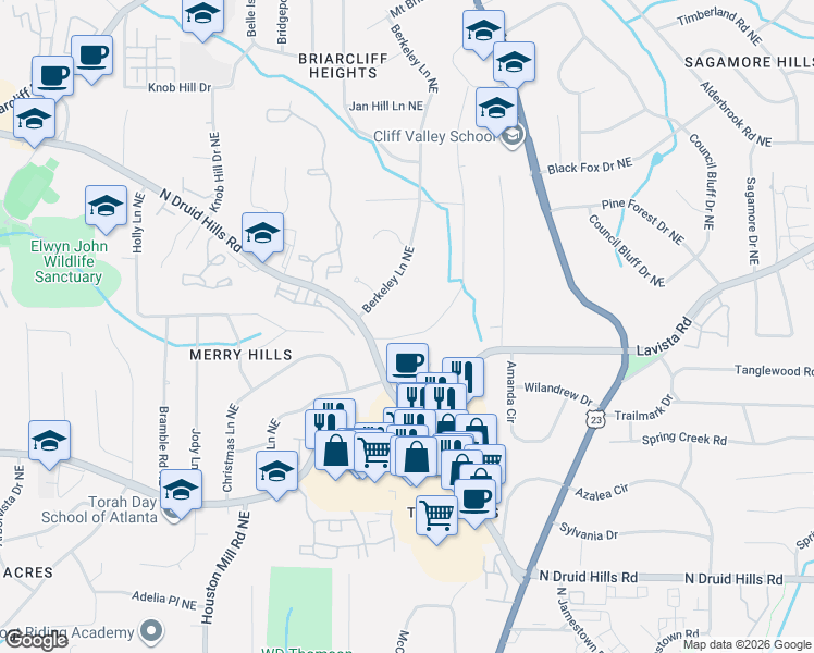 map of restaurants, bars, coffee shops, grocery stores, and more near 1371 Fama Drive Northeast in Atlanta