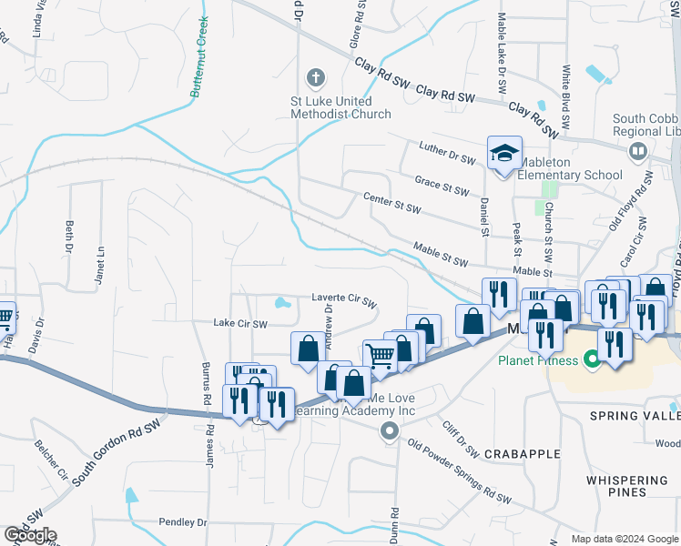 map of restaurants, bars, coffee shops, grocery stores, and more near 1300 Vonda Lane Southwest in Mableton