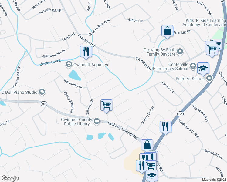 map of restaurants, bars, coffee shops, grocery stores, and more near 3734 Linwood Way in Snellville