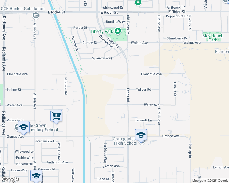 map of restaurants, bars, coffee shops, grocery stores, and more near 26425 Toliver Road in Perris