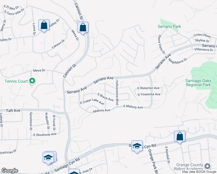 map of restaurants, bars, coffee shops, grocery stores, and more near 6021 East Shenandoah Avenue in Orange