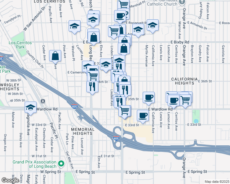 map of restaurants, bars, coffee shops, grocery stores, and more near 3526 Linden Avenue in Long Beach
