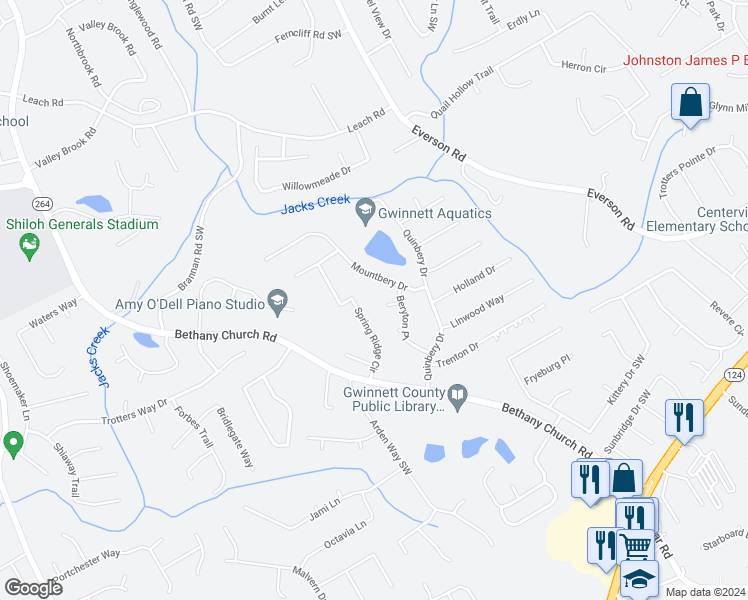 map of restaurants, bars, coffee shops, grocery stores, and more near 3893 Cloudland Drive in Snellville