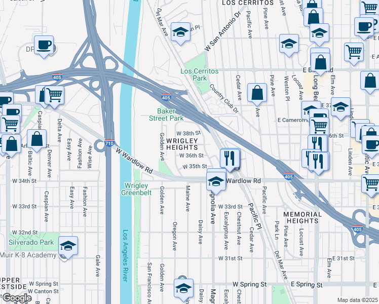 map of restaurants, bars, coffee shops, grocery stores, and more near 609 West 36th Street in Long Beach