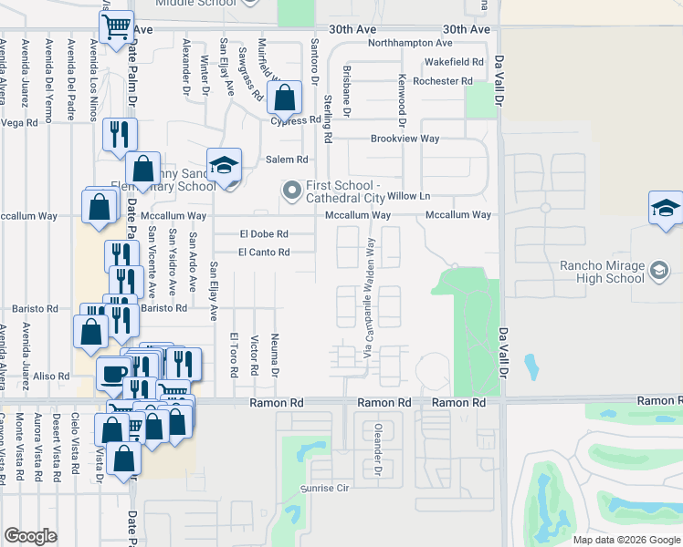 map of restaurants, bars, coffee shops, grocery stores, and more near 125 Via Palermo in Cathedral City