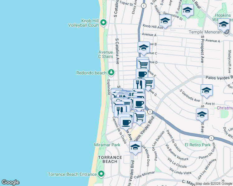 map of restaurants, bars, coffee shops, grocery stores, and more near 1505 South Catalina Avenue in Redondo Beach