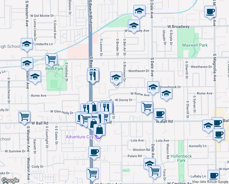 map of restaurants, bars, coffee shops, grocery stores, and more near 2916 West Rome Avenue in Anaheim