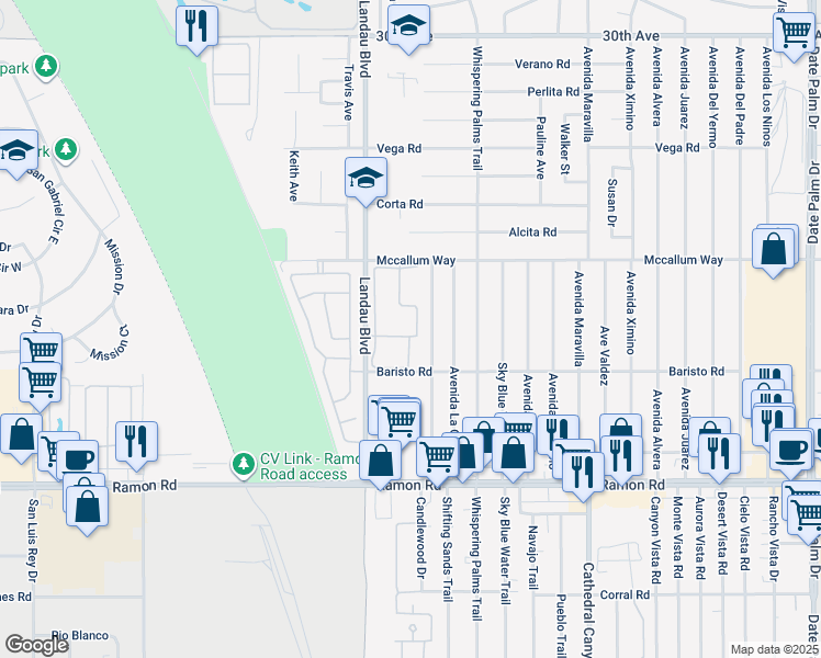 map of restaurants, bars, coffee shops, grocery stores, and more near 31305 Avenida La Paloma in Cathedral City