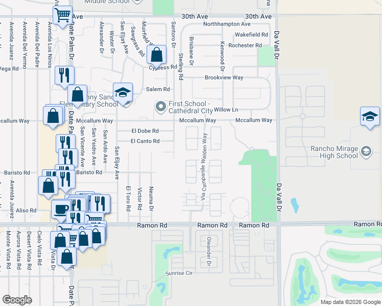 map of restaurants, bars, coffee shops, grocery stores, and more near 306 Via Napoli in Cathedral City