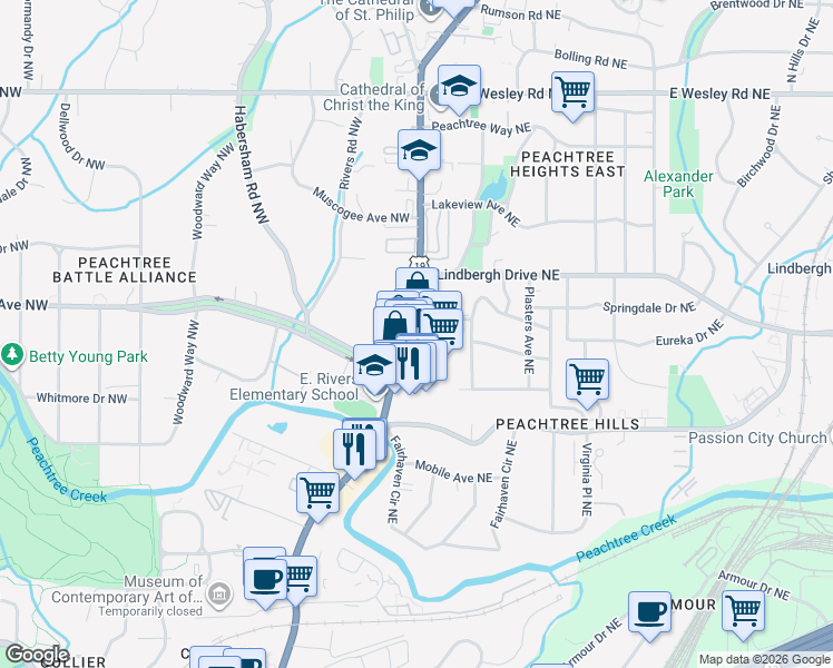 map of restaurants, bars, coffee shops, grocery stores, and more near 2365 Peachtree Road in Atlanta